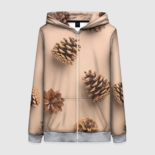 Женская толстовка на молнии Еловые шишки на бежевом фоне / 3D-Меланж – фото 1