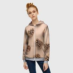 Толстовка на молнии женская Еловые шишки на бежевом фоне, цвет: 3D-меланж — фото 2