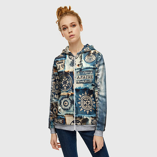 Женская толстовка на молнии Символы Апачи на пэчворк дениме / 3D-Меланж – фото 3