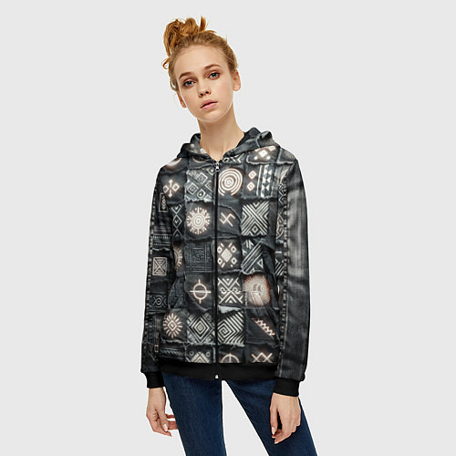 Женская толстовка на молнии Африканские знаки на пэчворк дениме / 3D-Черный – фото 3