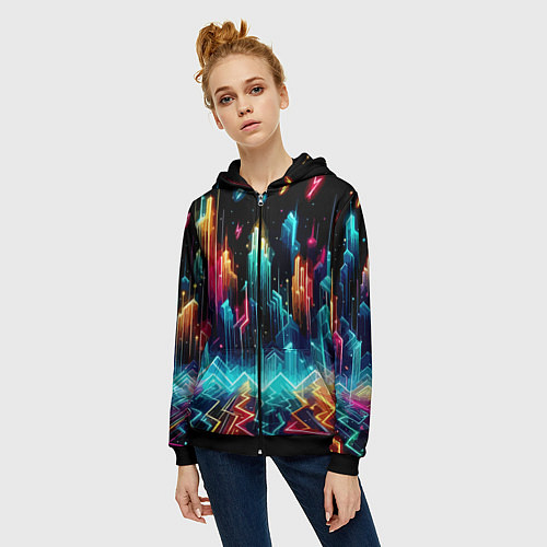 Женская толстовка на молнии Neon fantastic metropolis - vaporwave / 3D-Черный – фото 3