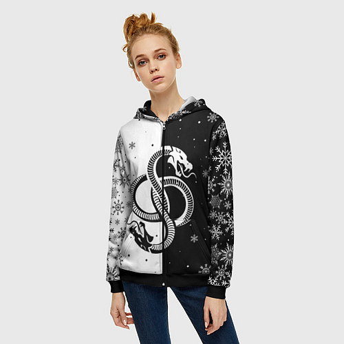 Женская толстовка на молнии Инь янь - змеи / 3D-Черный – фото 3