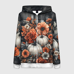 Толстовка на молнии женская Белые тыква с цветами, цвет: 3D-белый