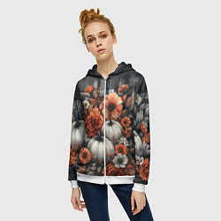 Толстовка на молнии женская Белые тыква с цветами, цвет: 3D-белый — фото 2