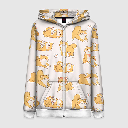 Женская толстовка на молнии Паттерн сиба ину / 3D-Белый – фото 1