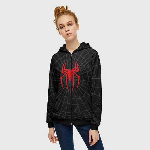 Женская толстовка на молнии Логотип паука на фоне паутины косплей костюм Морал / 3D-Черный – фото 3