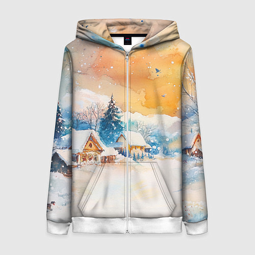 Женская толстовка на молнии Деревенский новогодний пейзаж / 3D-Белый – фото 1