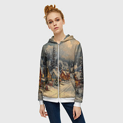 Толстовка на молнии женская Новогодние зимние домики, цвет: 3D-белый — фото 2