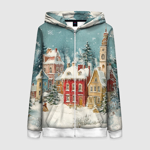 Женская толстовка на молнии Праздничный новогодний город / 3D-Белый – фото 1
