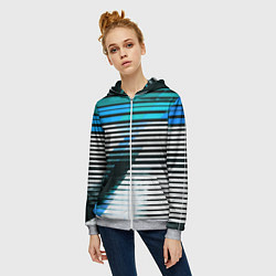 Толстовка на молнии женская Сине-чёрные полосы на белом фоне, цвет: 3D-меланж — фото 2