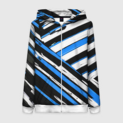 Толстовка на молнии женская Бело-синие диагональные полосы на чёрном фоне, цвет: 3D-белый