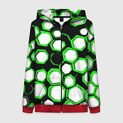 Женская толстовка на молнии Бело-зелёные шестиугольники на чёрном фоне