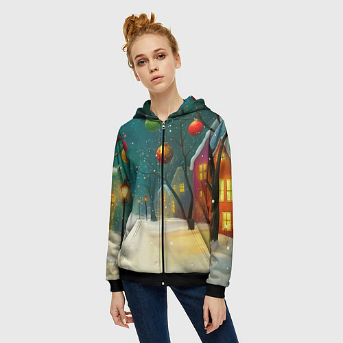 Женская толстовка на молнии Новогодние шары и тропинка / 3D-Черный – фото 3