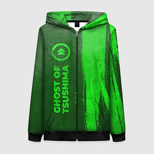 Женская толстовка на молнии Ghost of Tsushima - green gradient по-вертикали / 3D-Черный – фото 1