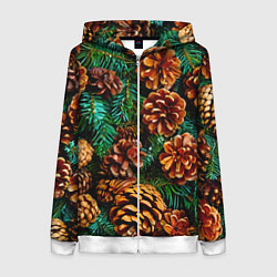 Толстовка на молнии женская Елочные ветки с шишками, цвет: 3D-белый