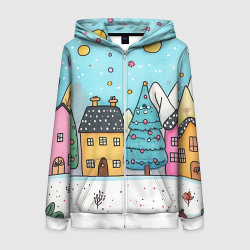 Женская толстовка на молнии Новогодние рисованные домики / 3D-Белый – фото 1