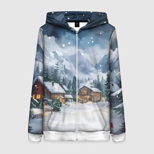 Женская толстовка на молнии Новый год - домики в горах / 3D-Белый – фото 1