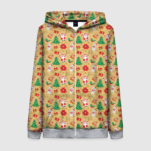 Женская толстовка на молнии Новогодние игрушки на золотистом / 3D-Меланж – фото 1