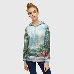 Толстовка на молнии женская Золотые снежинки - новогодний фон, цвет: 3D-меланж — фото 2