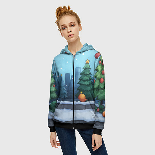 Женская толстовка на молнии Елки и елочные игрушки / 3D-Черный – фото 3
