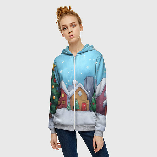Женская толстовка на молнии Домики новогодние / 3D-Меланж – фото 3