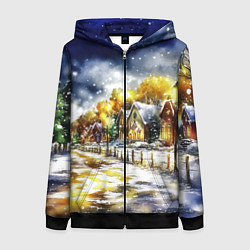 Толстовка на молнии женская Новогодний пейзаж акварель, цвет: 3D-черный