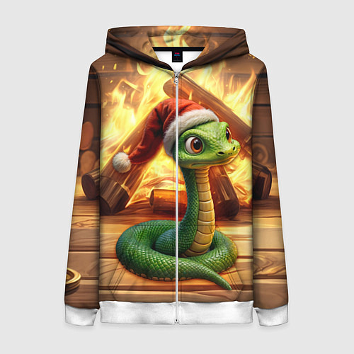 Женская толстовка на молнии Зеленая новогодняя змея 2025 года / 3D-Белый – фото 1