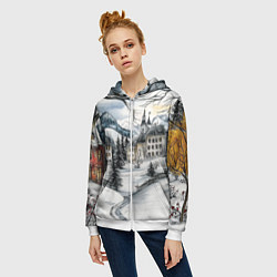 Толстовка на молнии женская Заснеженный старый город, цвет: 3D-белый — фото 2
