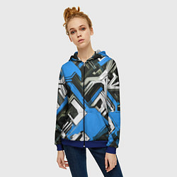 Толстовка на молнии женская Сине-белый техно паттерн на чёрном фоне, цвет: 3D-синий — фото 2