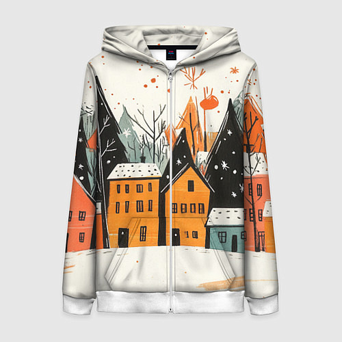 Женская толстовка на молнии Оранжевые зимние домики / 3D-Белый – фото 1