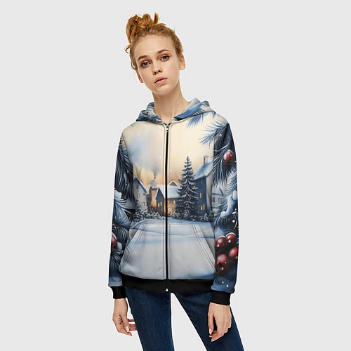 Женская толстовка на молнии Зимний снежный двор / 3D-Черный – фото 3