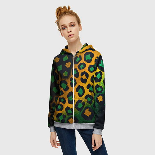 Женская толстовка на молнии Зеленые и золотые пятна леопарда / 3D-Меланж – фото 3