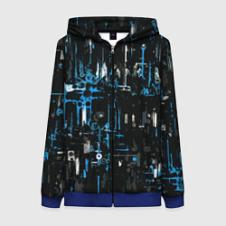 Толстовка на молнии женская Бело-синяя тревожная абстракция на чёрном фоне, цвет: 3D-синий