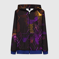 Толстовка на молнии женская Жёлто-фиолетовые точки и линии на чёрном фоне, цвет: 3D-синий