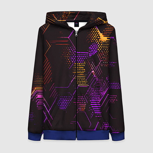 Женская толстовка на молнии Жёлто-фиолетовые точки и линии на чёрном фоне / 3D-Синий – фото 1
