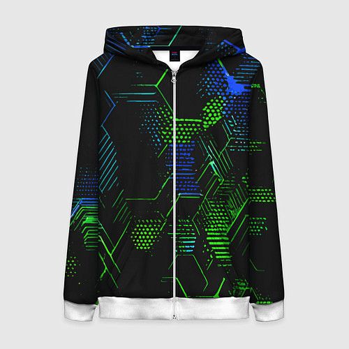 Женская толстовка на молнии Сине-зелёные точки и линии на чёрном фоне / 3D-Белый – фото 1