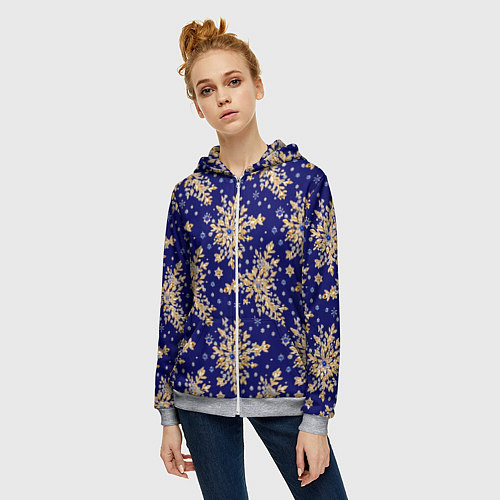 Женская толстовка на молнии Золотые снежинки на синем шелке / 3D-Меланж – фото 3