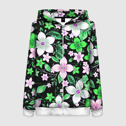 Женская толстовка на молнии Зелёно-белые цветы на чёрном фоне / 3D-Белый – фото 1