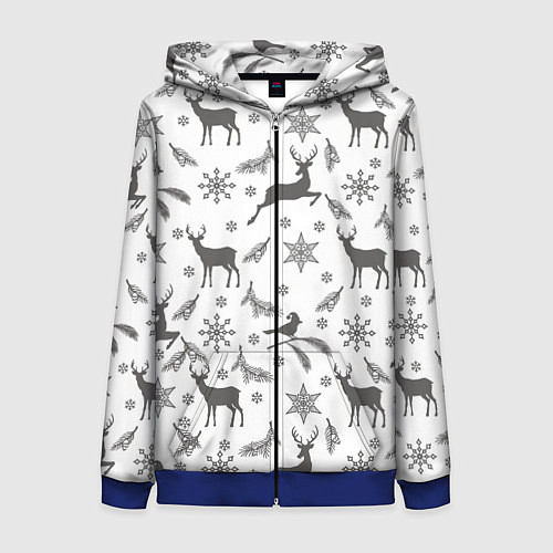 Женская толстовка на молнии Новогодние мотивы олени и снежинки / 3D-Синий – фото 1
