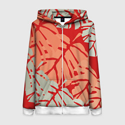 Женская толстовка на молнии Отпечатки монстеры на красном