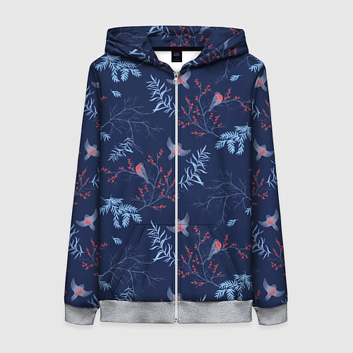 Женская толстовка на молнии Зимние ветки и птицы / 3D-Меланж – фото 1