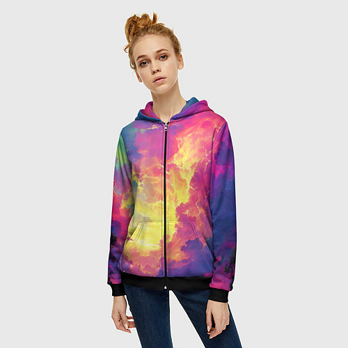 Женская толстовка на молнии Розовые облака на синем небе / 3D-Черный – фото 3