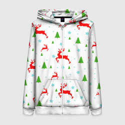 Толстовка на молнии женская Новогодние олени с ёлками, цвет: 3D-белый