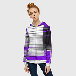 Толстовка на молнии женская Чёрные вертикальные полосы на фиолетово-белом фоне, цвет: 3D-белый — фото 2