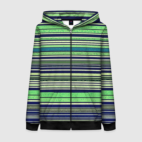 Женская толстовка на молнии Сине-зелёный текстурные полосы / 3D-Черный – фото 1