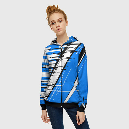 Женская толстовка на молнии Чёрно-белые глитч полосы на синем фоне / 3D-Черный – фото 3