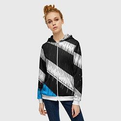 Толстовка на молнии женская Диагональные чёрно-белые полосы на синем фоне, цвет: 3D-белый — фото 2