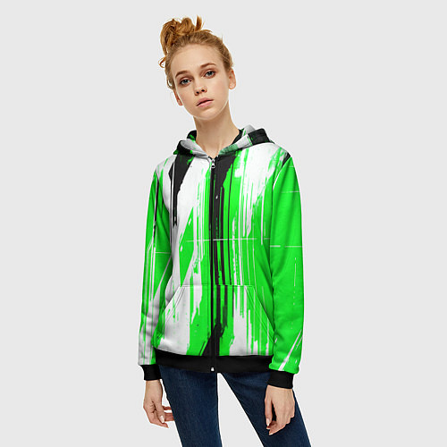Женская толстовка на молнии Вертикальные чёрно-белые линии на зелёном фоне / 3D-Черный – фото 3