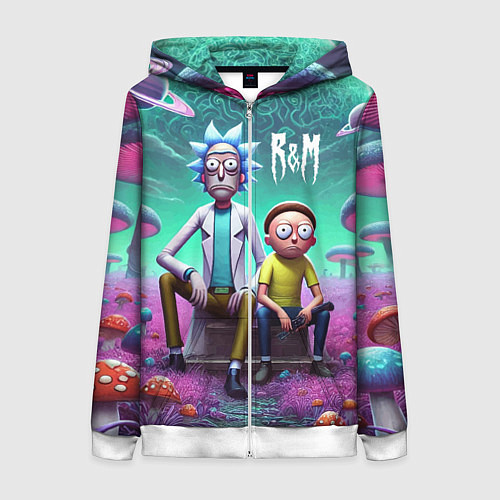 Женская толстовка на молнии Рик и Морту на сказочной грибной планете - нейроар / 3D-Белый – фото 1