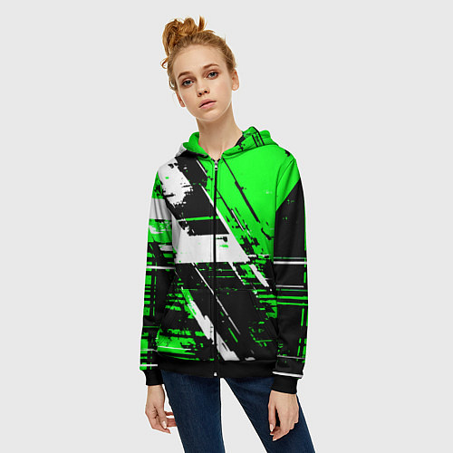 Женская толстовка на молнии Diagonal black and white stripes on a green backgr / 3D-Черный – фото 3